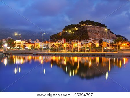 Denia port sunset dusk in marina at Alicante Mediterranean Spain