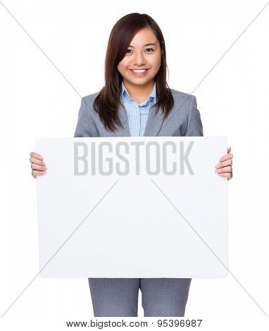 Asian businesswoman holding a white banner