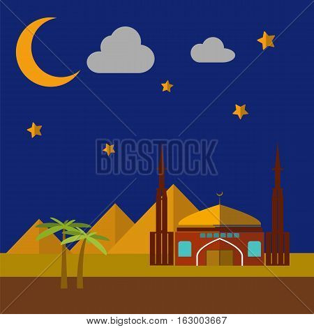 Vector flat illustration of Mosque on the sand dunes background