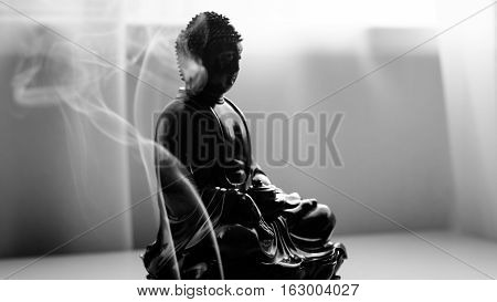 Decorative Buddha Statue, Buddha In The Background Of Incense, Shakyamuni Attained Enlightenment. Th