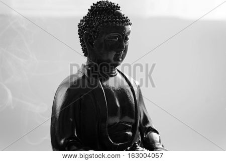 Decorative Buddha Statue, Buddha In The Background Of Incense, Shakyamuni Attained Enlightenment. Th