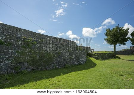 Okinawa Japan - October 23 2016: Nakagusuku Castle Ruins Scenery The famous castle of tourist attraction in Ryukyu kingdom Okinawa Japan.