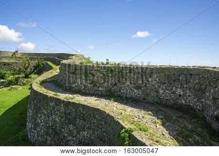 Okinawa Japan - October 23 2016: Nakagusuku Castle Ruins Scenery The famous castle of tourist attraction in Ryukyu kingdom Okinawa Japan.