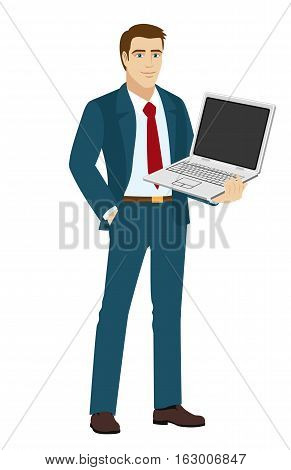 Businessman holding laptop notebook. Full length portrait of businessman in a flat style. Vector illustration.