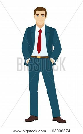 Businessman holding hands in pockets. Vector illustration.