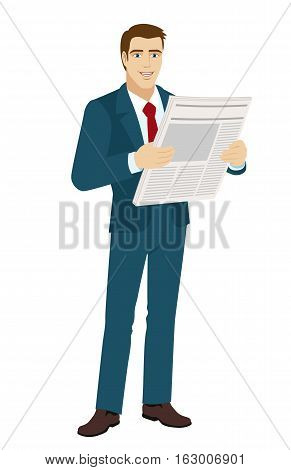 Businessman reading a newspaper. Full length portrait of businessman in a flat style. Vector illustration.