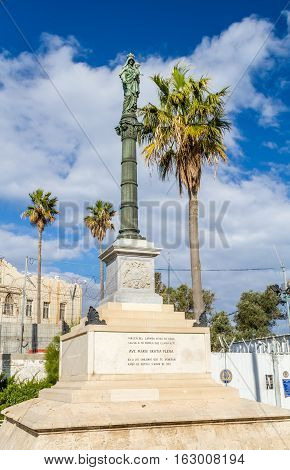 Column of Holy Virgin Mary Stella Maris Madonna statue opposite to Stella Maris Monastery in Haifa Israel