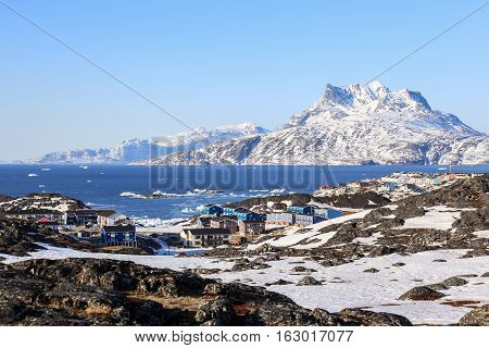 Nuuk City Suburb Colorful Landscape, Sermitsiaq Mountain In The Background