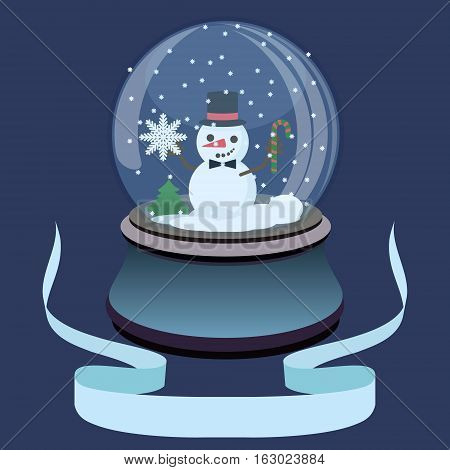 Flat Illustration Of Christmas Snow Ball With Little Snowman And Snowflakes.
