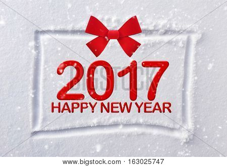 Hand drawn square shape on white clean snow with red bow with words 2017 happy new year and snowfall effect
