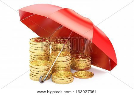 Stability and protection in financial business and insurance concept 3D rendering. Stacked golden coins covered by red umbrella isolated on white background
