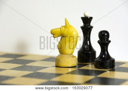 chess pieces black and white horse Queen the pawn on the chessboard