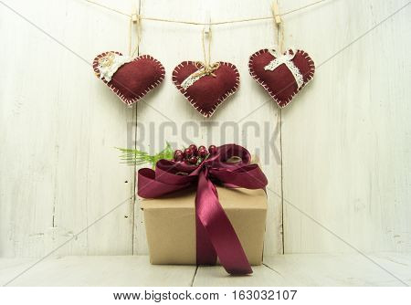 Beautiful Festive Heart Weigh On Cord On Wooden Background