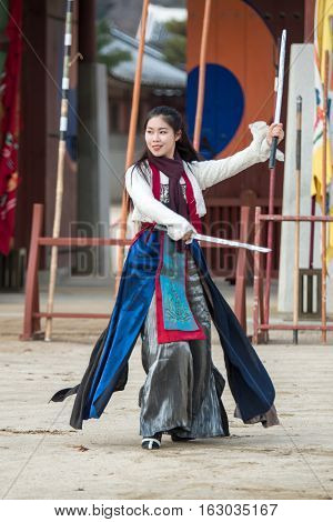 Gyeonggi-do, Suwon-si, South Korea - December 23, 2016: Traditional Martial Arts Trial Performance,