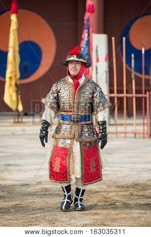 Gyeonggi-do Suwon-si South Korea - December 23 2016: Traditional Martial Arts Trial Performance December 23 2016 Gyeonggi-do Suwon-si South Korea