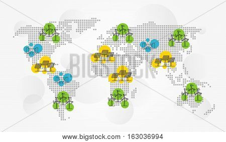 International eco energy vector illustration. Alternative ecological source of energy creative concept. Wind electricity air turbine solar panel sun electric station hydro electrostation elements.