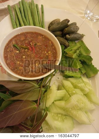 Close-up to spicy shrimp paste and vegetable