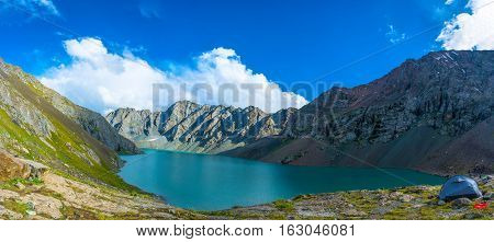 Panorama Mountain Lake Ala-kul, Kyrgyzstan.