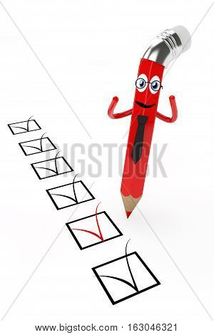 Cartoon Pencil with Check List on a white background. 3d Rendering