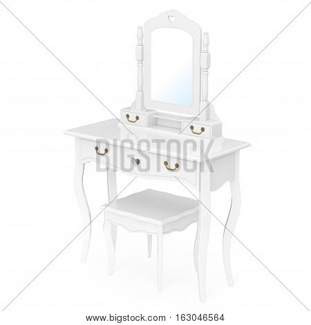 Antique Bedroom Vanity Table with Stool and Mirror on a white background. 3d Rendering