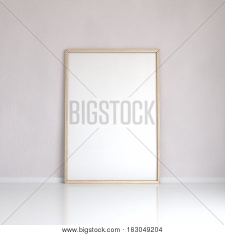 Realistic wooden blank picture frame near the wall, 3D rendering