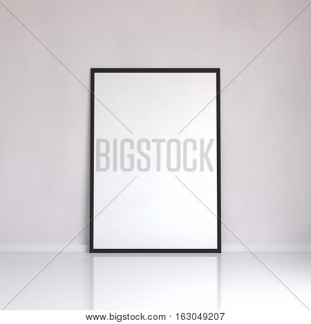 Realistic black blank picture frame near the wall, 3D rendering