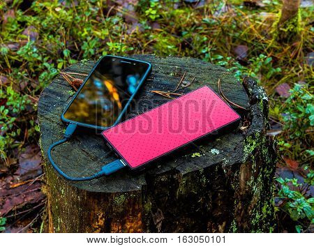Black smartphone and red powerbank on tree stump