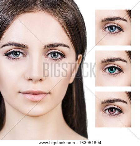 Collage of differense color contact lenses for beautiful woman.