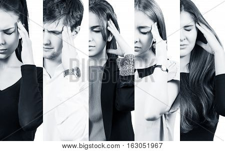 Half collage of people with a headache over white background