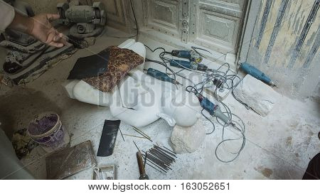 Statues of Hindu Gods (Buddha) Crafts and Arts of India. Murti handmade Manufacturing in Jaipur (Rajasthan). Indian God sculpture made of white marble. Ancient Traditions and Crafts of India
