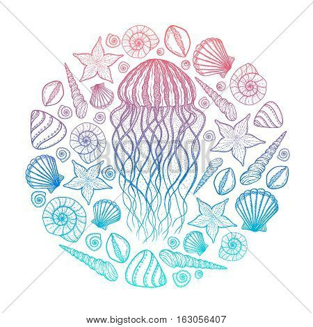 Jellyfish and shells in line art style. Hand drawn vector illustration. Design for coloring book. Set of ocean elements. Outline