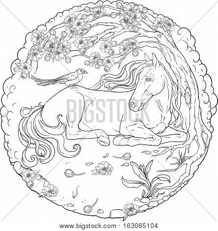 Horse resting beneath a tree. Coloring page.