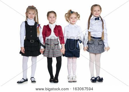 Group of fashion little girls on the white background