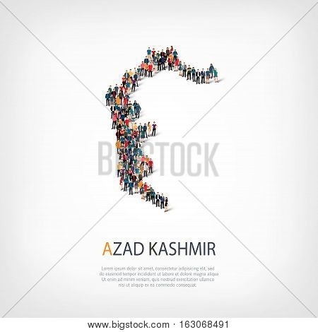 Isometric set of styles, people, map of Azad Kashmir, country, web infographics concept of crowded space, flat 3d. Crowd point group forming a predetermined shape. Creative people.  illustration. Photo .3D illustration. White background . Isolated.