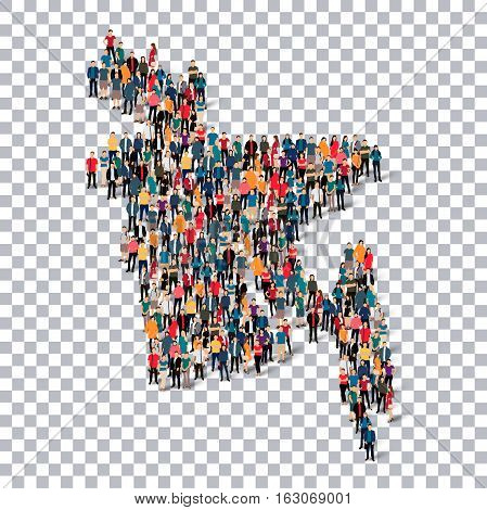 Isometric set of styles, people, map of Bangladesh , country, web infographics concept of crowded space, flat 3d. Crowd point group forming a predetermined shape. Creative people.  illustration. Photo .3D illustration. Transparent background . Isolated.