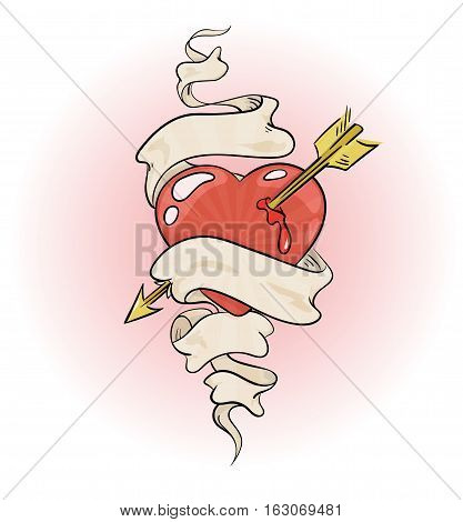 heart with ribbon around it and pierced by an arrow, tattoo styled colored vector illustration