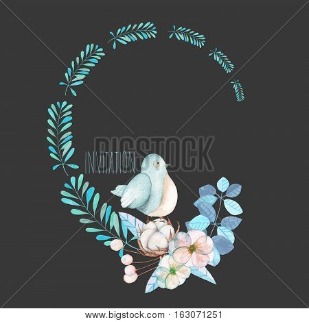 Illustration, wreath with watercolor cute bird, blue plants, flowers and cotton flower, hand drawn isolated on a dark background, invitation, greeting card