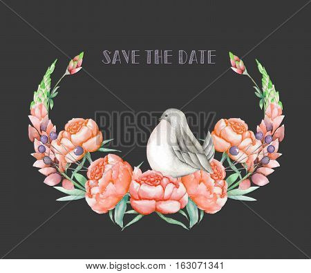 Illustration, wreath with watercolor cute bird, red peonies and lupine flowers, hand drawn isolated on a dark background, invitation, greeting card