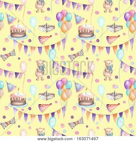 Seamless party pattern with garland of the flags, confetti, cake, air balloons, bows and gifts; hand painted in watercolor on a yellow background
