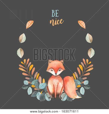 Illustration, wreath with watercolor fox, blue and orange plants, hand drawn isolated on a dark background, invitation, greeting card