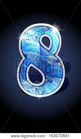 Blue frost winter number eight on dark background isolated. Blue frost illustration number 8 for winter date design. Number 8 icon. Vector illustration stock vector.