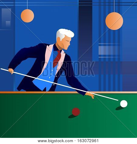 Man playing snooker in the dark club.