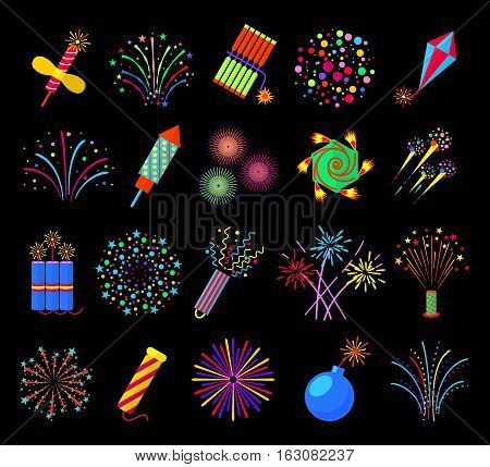 Pyrotechnics and fireworks vector illustration, petards and fire crackers signs. Firecracker and bomb with fuse in fire