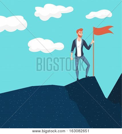 Businessman in mountains. Leader on the top. Vector illustration in flat cartoon style. Conception of success