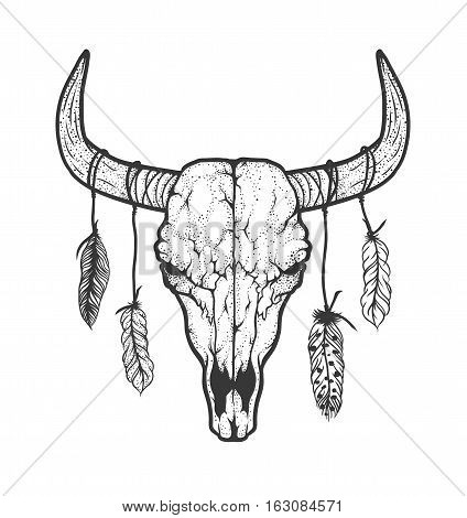Bull skull with feathers native Americans tribal style. Dotted Tattoo blackwork. Vector hand drawn illustration. Boho design