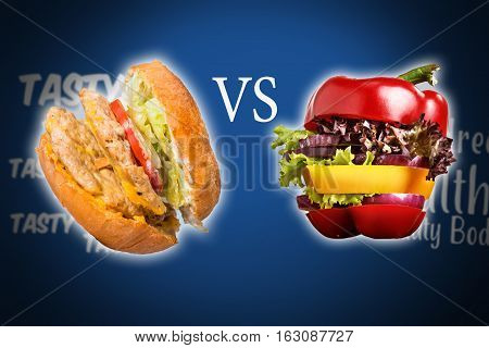 The sandwich and Healthy sandwich with fresh pepper, onion, salad lettuce on blue background. Detox diet and healthy lifestyle.