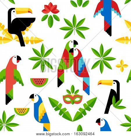 Seamless tropical pattern with birds. Vector. Toucan and parrots.