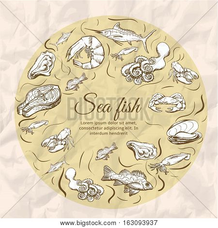 Seafood concept. Template with fish silhouettes for menu or brochure. Vector illustration