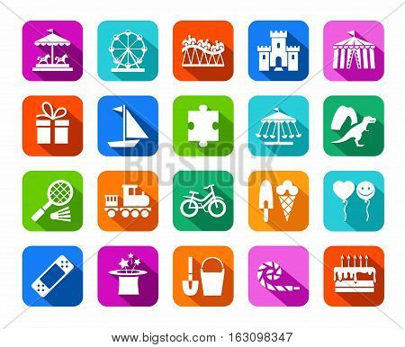 Children's games and entertainment, icons, colored, flat, vector. Vector icons of items and objects for children. Children's rest. White images on a colored background with a shadow.