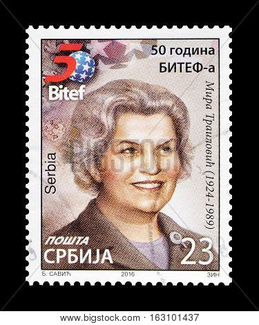 SERBIA - CIRCA 2016 : Cancelled postage stamp printed by Serbia, that shows Mira Trailovic.